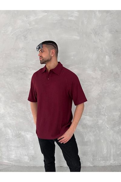 trend henna Collared Placket Short Sleeve T-Shirt - Burgundy Color