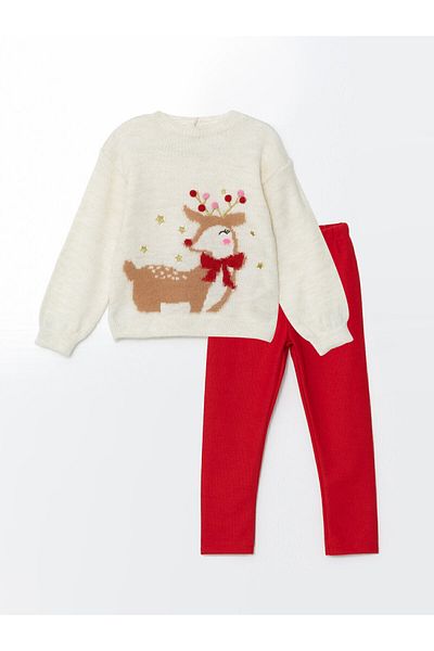 LC Waikiki New Year's Themed Girls' Sweater and Leggings - Set of 2