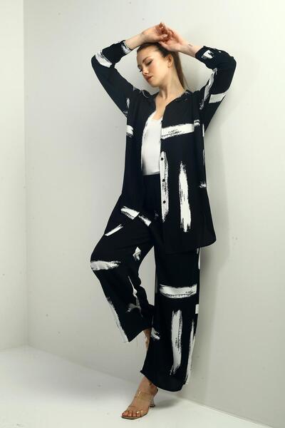 By Saygı Women's Side Slit Tunic Shirt Elastic Waist Pocket Paazzo Trousers Brush Pattern Oversize 2-Piece t