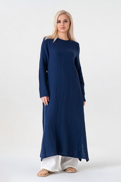 Fashion Showcase Tunica hijab din muselina 100% bumbac cu fantă laterală - bleumarin