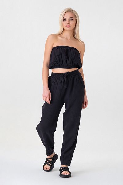 Fashion Showcase 100% Cotton Women's Trousers with Elastic Waist and Ties at the Ankle - Black