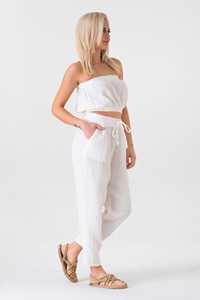 Fashion Showcase Γυναικείο παντελόνι από 100% βαμβάκι με ελαστική μουσελίνα μέση και κολάν στον αστράγαλο - Λευκό