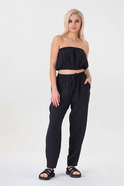 Fashion Showcase 100% Cotton Women's Trousers with Elastic Waist and Ties at the Ankle - Black