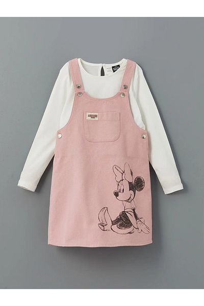 LC Waikiki Lcw Kids Pink Minnie Mouse Printed Girls' Salopet Dress and T-Shirt 2-Piece