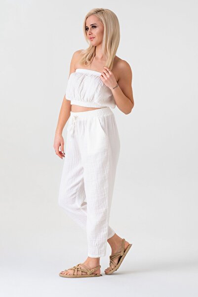 Fashion Showcase Γυναικείο παντελόνι από 100% βαμβάκι με ελαστική μουσελίνα μέση και κολάν στον αστράγαλο - Λευκό