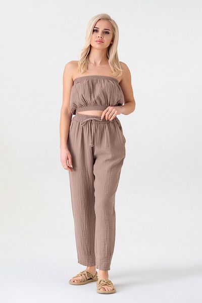 Fashion Showcase 100% Cotton Women's Trousers with Elastic Waist and Ties at the Ankle - Mink