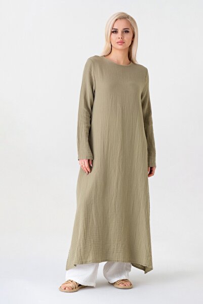 Fashion Showcase Muslin Fabric 100% Cotton Hijab Long Tunic with Side Slits - Green