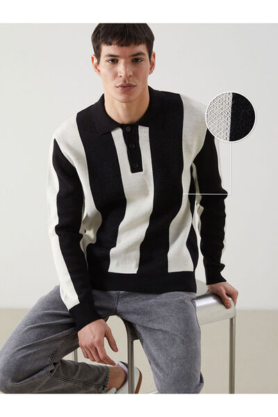 LC Waikiki Men's Textured Knitwear Sweater with Turn-Down Roba Collar and Str...