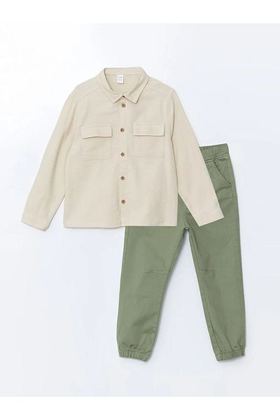 LC Waikiki Lcw Kids Gray Basic Long Sleeve Boy's Shirt and Pants 2Pcs