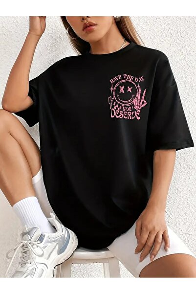 LAND MODA Tricou cu umeri imprimați cu litere și față zâmbitoare, mâneci scur...