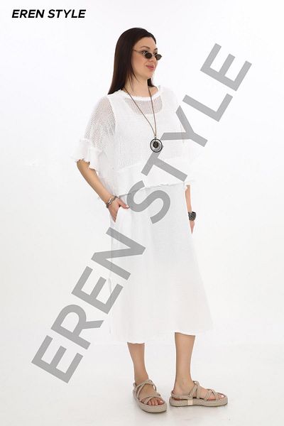 EREN STYLE Italian Fringe Detail Muslin Linen Slit Dress - Blouse & 2 Sets