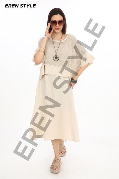 EREN STYLE Ιταλικό Φόρεμα Μουσελίνας με Λεπτομέρεια Μαρκίζας με Σχισμή - Μπλούζα & 2 Σετ