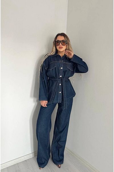 MEECY Dunkelblaue, gebundene Denim-Anzugjacke und -Hose in Übergröße