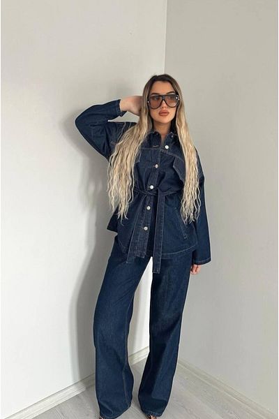 MEECY Dunkelblaue, gebundene Denim-Anzugjacke und -Hose in Übergröße