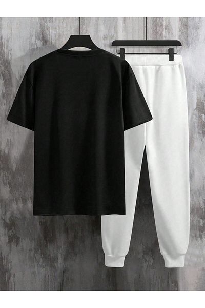 LUNAVISTA Men's Plus Size 2 Piece Suit - Classic Black and White Short Sleeve T-Shirt and Ankle-Length Pants