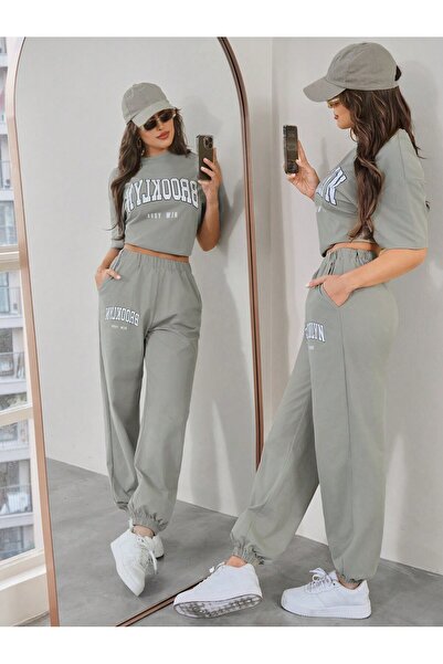 LUNAVISTA Women's 2 Piece Letter Print Casual T-shirt and Pants Set, Round Ne...