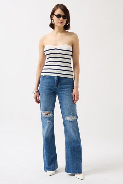 MODAVERA    Striped Strapless Textured Blouse