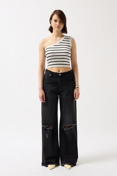 Moka Shopin Mokashopin One Shoulder Striped Crop