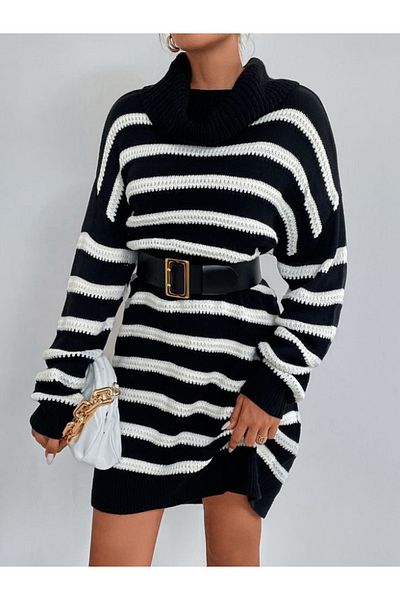 Kokosh moda Rochie de damă, cu mânecă lungă, cu decolteu, cu dungi Sonya Yarn, tricotaj lungimi (fără curea)