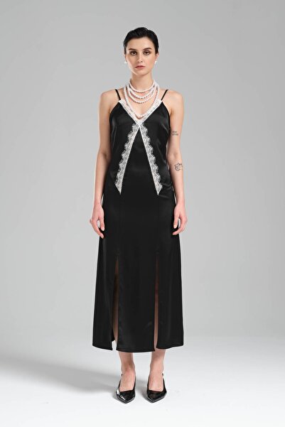 tw3 Kadın Saten Kumaş Dantel Detaylı Askılı Tasarım Elbise