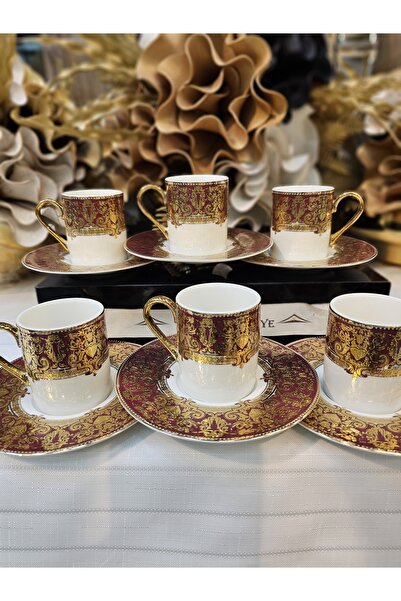 TURAB 6 Kişilik Bordo Gold Detaylı Şık Kahve Fincanı Takımı
