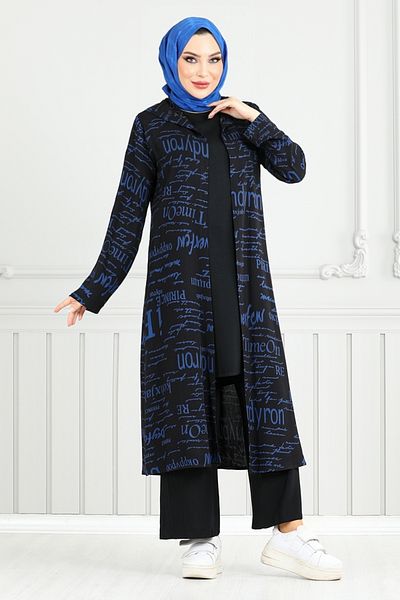 ModaMerve Combinație de hijab triplu cu model - 4012BGS895-M Indigo și negru