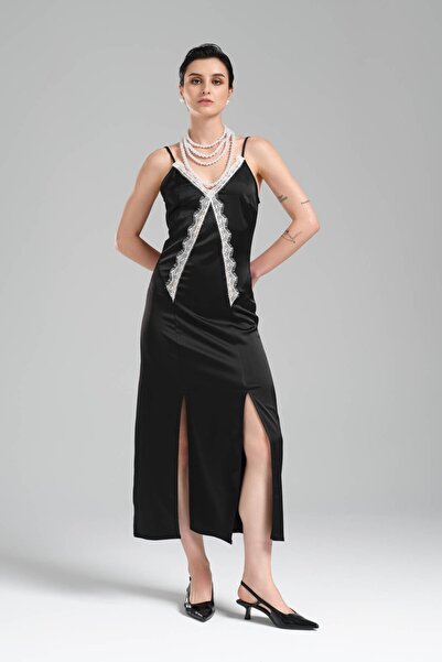 tw3 Kadın Saten Kumaş Dantel Detaylı Askılı Tasarım Elbise