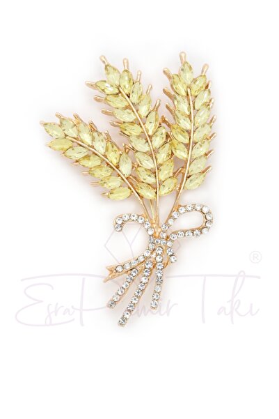 Esra Pamir Sarı Taşlı Ve Başak Yaprak Broş