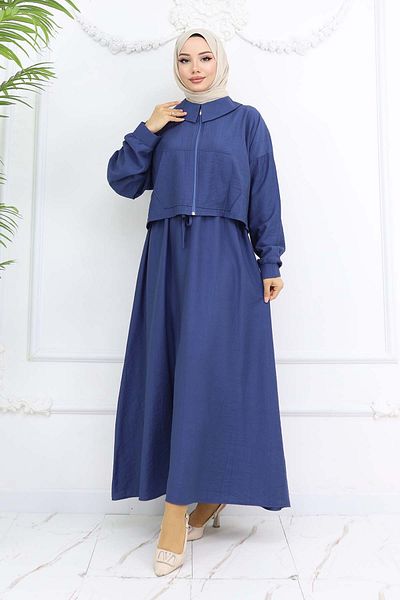 benguen Zippered Jacket Gilet Hijab Suit Indigo 2240