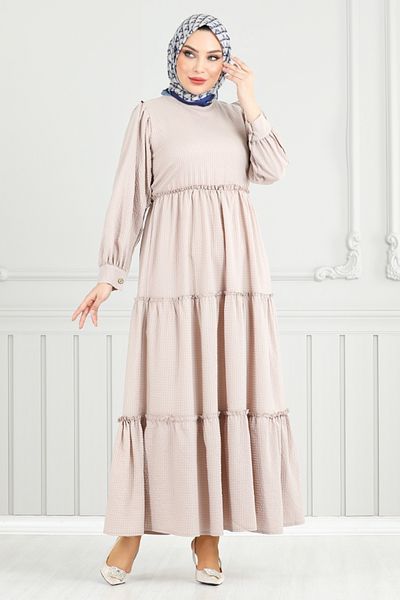 ModaMerve Skirt Layered Seersucker Dress 3033Tbo1101-M Stone