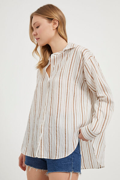 Arma Life Жіноча смугаста вільна oversize літня сорочка бежевого кольору