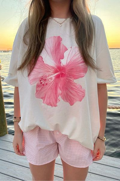 EFBUTİK White Unisex Pink Floral Printed T-Shirt