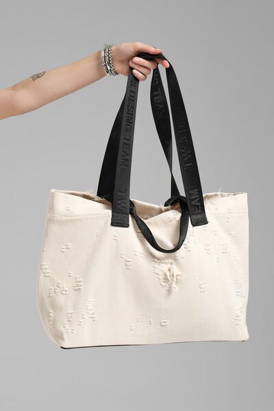 tw3 Kadın Yırtık Detaylı Naturel Renk Gabardin Kumaş Çanta