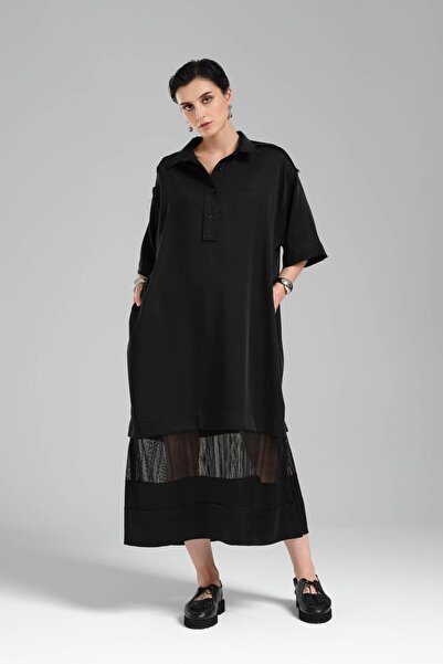 tw3 Kadın Dokuma Kumaş Dantel Detaylı Uzun Tasarım Elbise