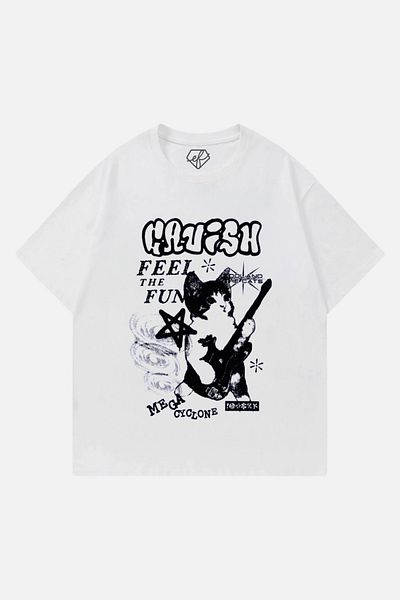 EFBUTİK White Unisex Cartoon Cat Guitar T-Shirt