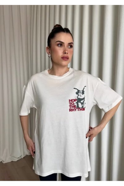 Nivora Style Rabbit Printed Oversize T-Shirt White Color