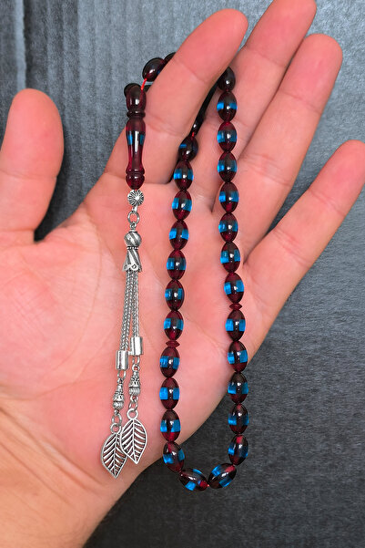 SİLVERA TELKARİ Erkek Sürmeli Toz Kehribar Tesbih Bordo Mavi BT015