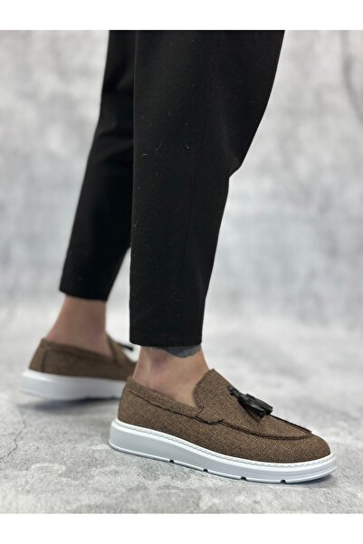 TUGERDİ Tugerdi Brown Linen Laceless Light High Sole Classic Tassel Men's Shoes Tge 230155