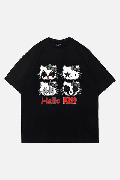 EFBUTİK Μαύρο Unisex Vintage T-Shirt Hello Kitty Face