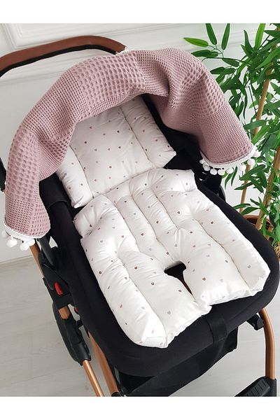 ilkimbebe Waffle Pique Zippered Baby Stroller Cover and Double Sided Heart Baby Stroller Cushion