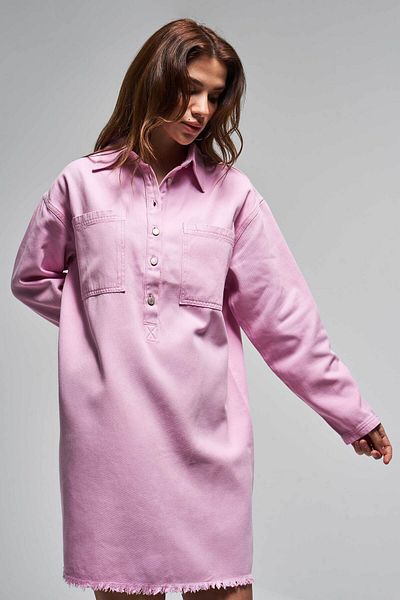 its basic Rochie de damă de culoare roz 6S5-98 100% bumbac denim cu buzunare în față