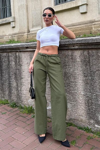 Madmext Khaki Drawstring Waist Wide Leg Fabric Trousers Mg1950