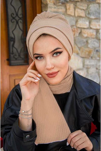 Aişe tesettür Beige White Checkered Winter Scarf Bonnet