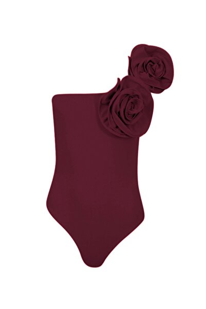 La Sarta Flora Rose Detailed Sleeveless Burgundy Bodysuit