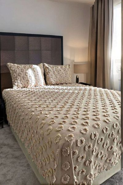 GOLD HOME COLLECTION Beige Color Pompom Luxury Bed Cover Set (3 Pieces) Quality