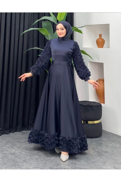 GÜZELLER Saten Kolları ve Eteği Gül Detaylı Söz İsteme Nişan Nikah Elbisesi Abiyesi