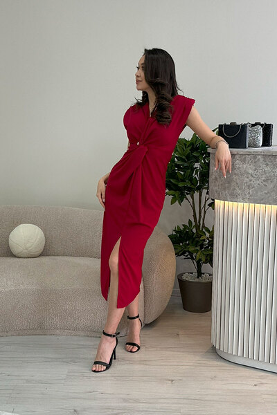 the ZKS Kadın Kruvaze Yaka İnci Detay Büzgülü Midi Boy Elbise Kırmızı, Siyah