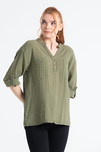 Eliş Şile Bezi Uzun Kol Asu Yazlık Müslin Bluz Haki Hk
