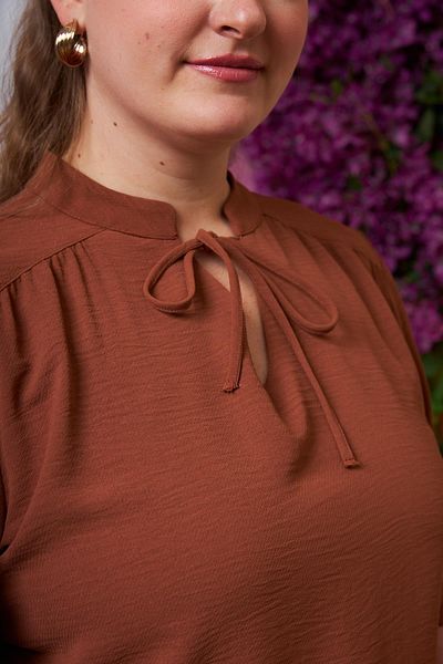 RMG Plus Size Blouse - Brown with Collar Lace Detail