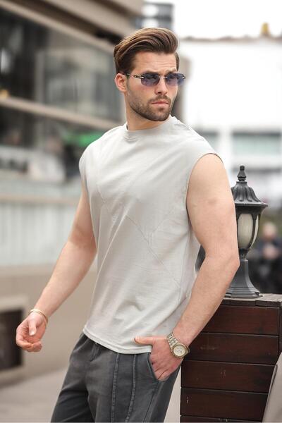 Madmext Painted Gray Sleeveless 100% Para Basic Men's T-Shirt E7137